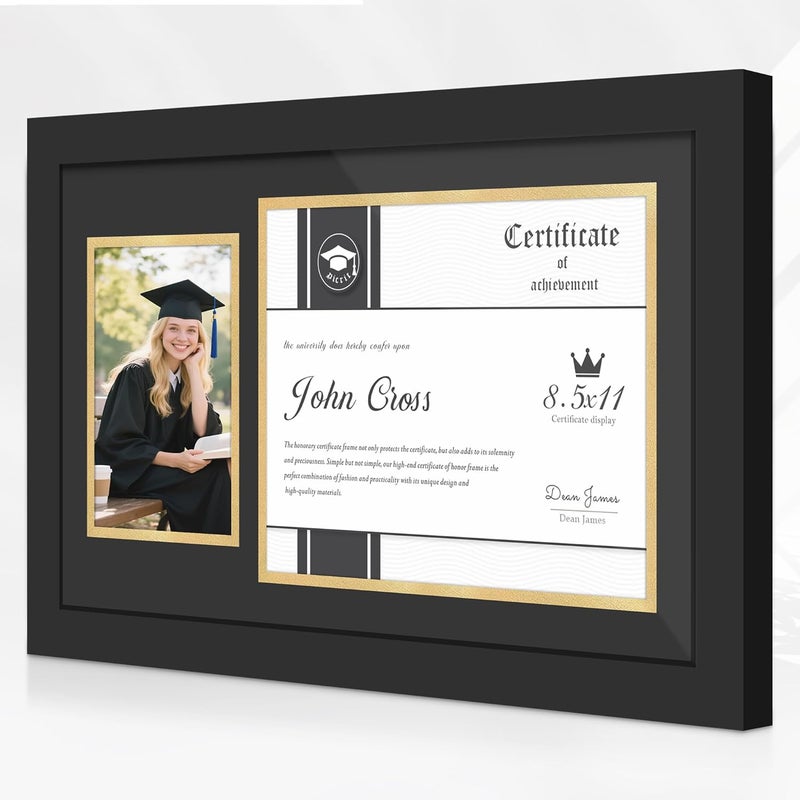 Picrit 11x19 Wood Diploma Frame and Pictures Frame for 8.5x11 Certificate/Degree Document & 5x7 Graduation Photos, with Tempered Glass, Black over Gold Mat, Wall Mount Display - Image 5